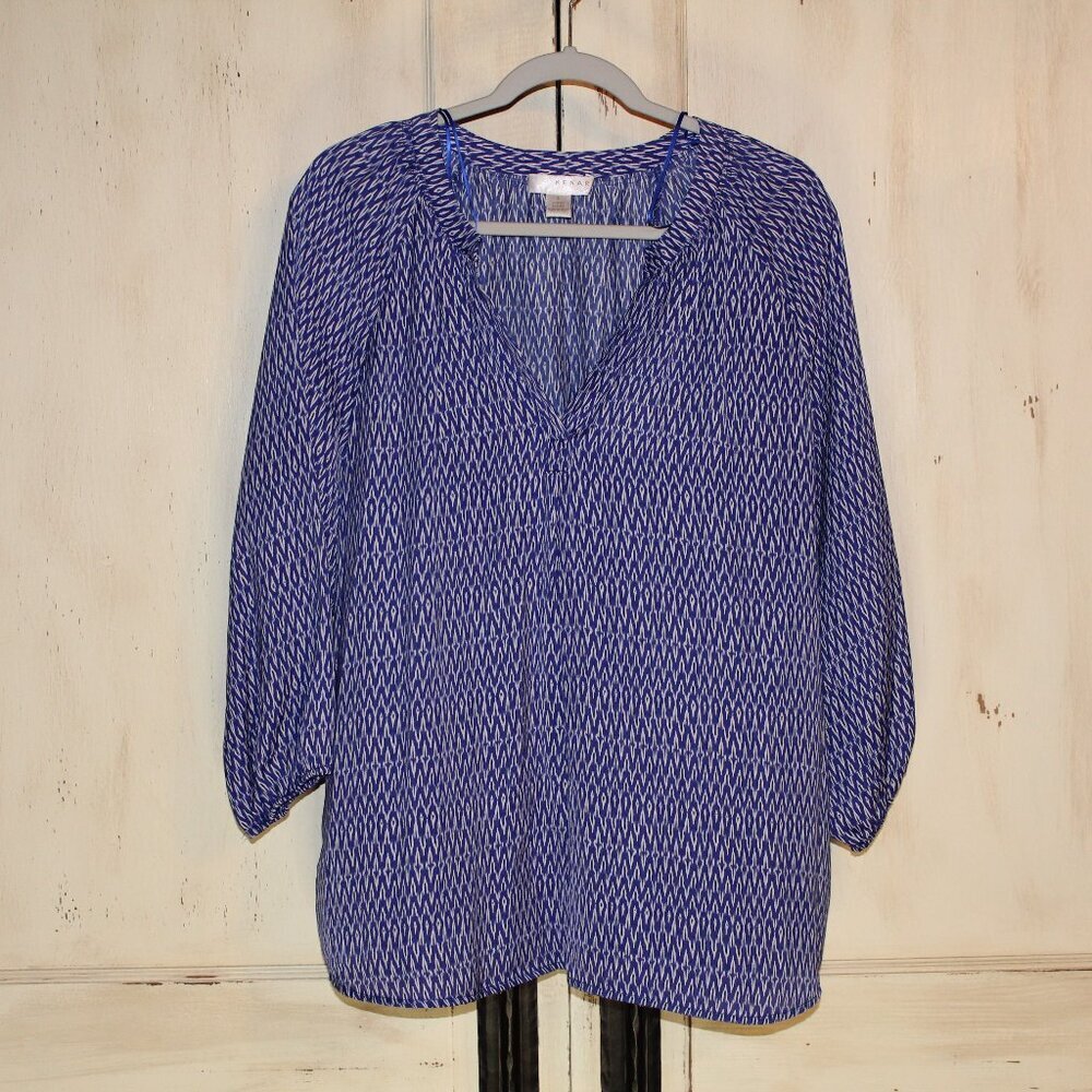 Kenar blue/white geometric v neckline 3/4 sleeve pullover‎ blouse L